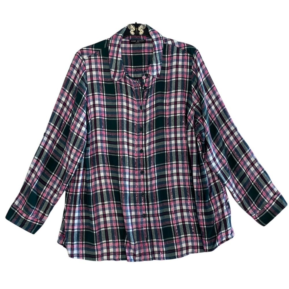 Lane Bryant Women Button Shirt Plaid Flannel Green Pink Sparkle Roll Tab  22/24